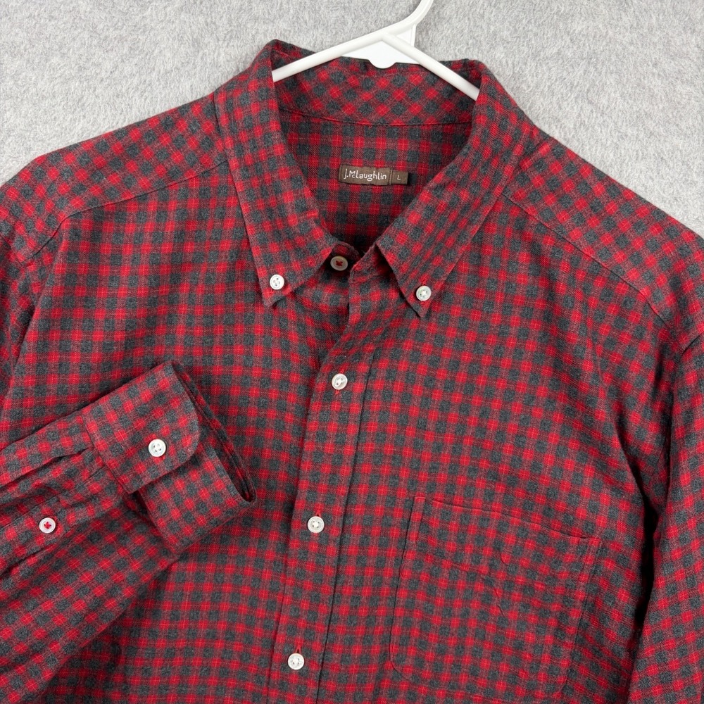 J McLaughlin Shirt Mens Large Red Gray Flannel Check Soft Button Down Preppy Ivy